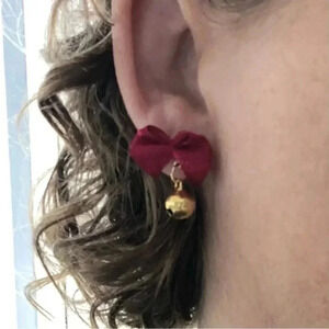 Wine Red Bow Gold Jingle Bell Holiday Earrings NWT